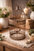 vogelkooi decoratie, metalen vogelkooi, landelijke decoratie, cottage stijl, vintage woonaccessoires, brocante decoratie, woondecoratie metaal, rustieke accessoires, decoratieve kooi, 